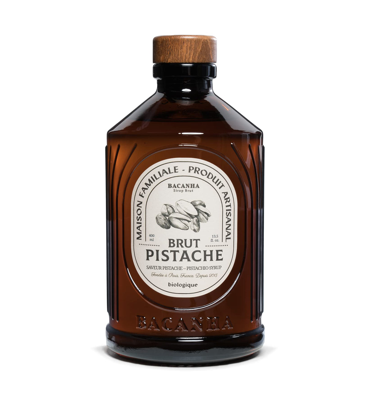 Bacanha Organic Pistachio Syrup bottle for premium coffee and desserts.