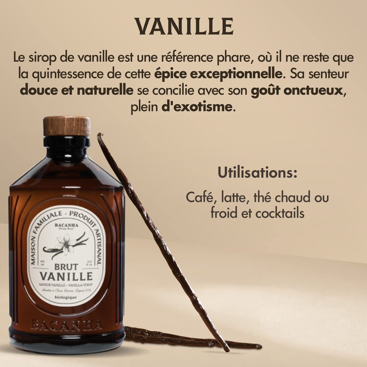 Bacanha vanilla syrup in latte art cup, enhancing aroma and sweet balance.