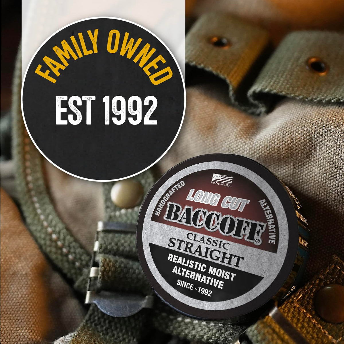 BACC OFF Classic Straight Long Cut can label displays natural ingredients and classic spitting appeal.