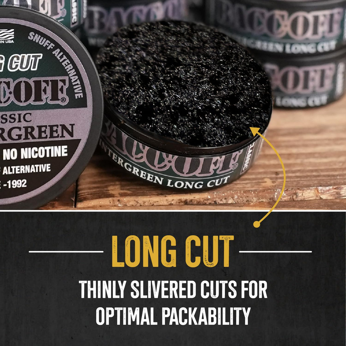 BACC OFF Classic Wintergreen Long Cut multi-pack display.