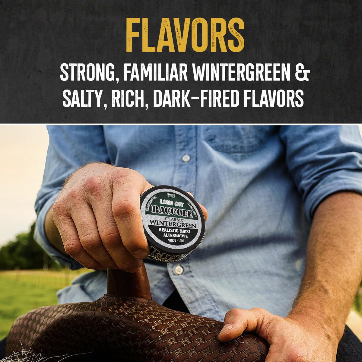 Close-up of a pinch with BACC OFF Long Cut, emphasizing strong wintergreen taste.