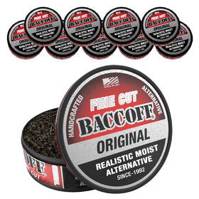 BACC OFF Original Fine Cut can front showing bold smoky flavors for savoring