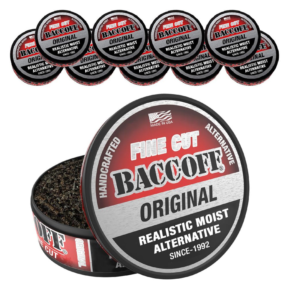 BACC OFF Original Fine Cut can front showing bold smoky flavors for savoring