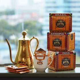 Bacha Coffee Caramelo Morning packaging display presents an elegant gift option.