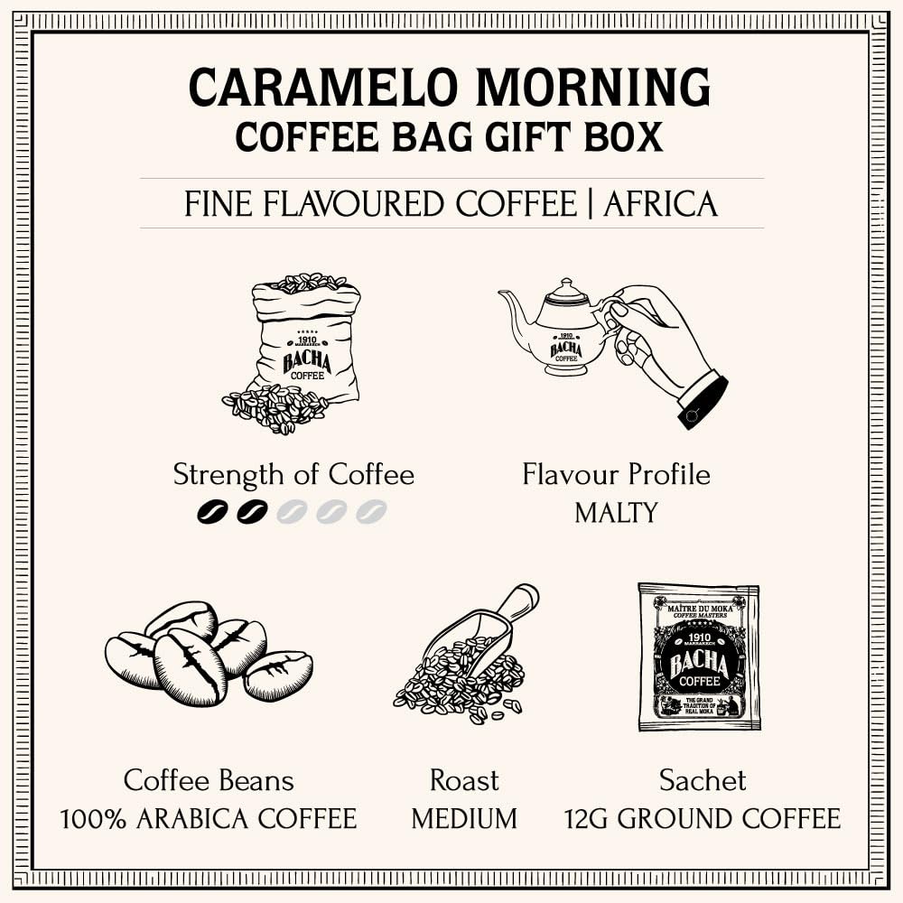 Bacha Coffee Caramelo Morning steaming cup highlights quick brew and aroma.