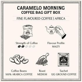 Bacha Coffee Caramelo Morning steaming cup highlights quick brew and aroma.