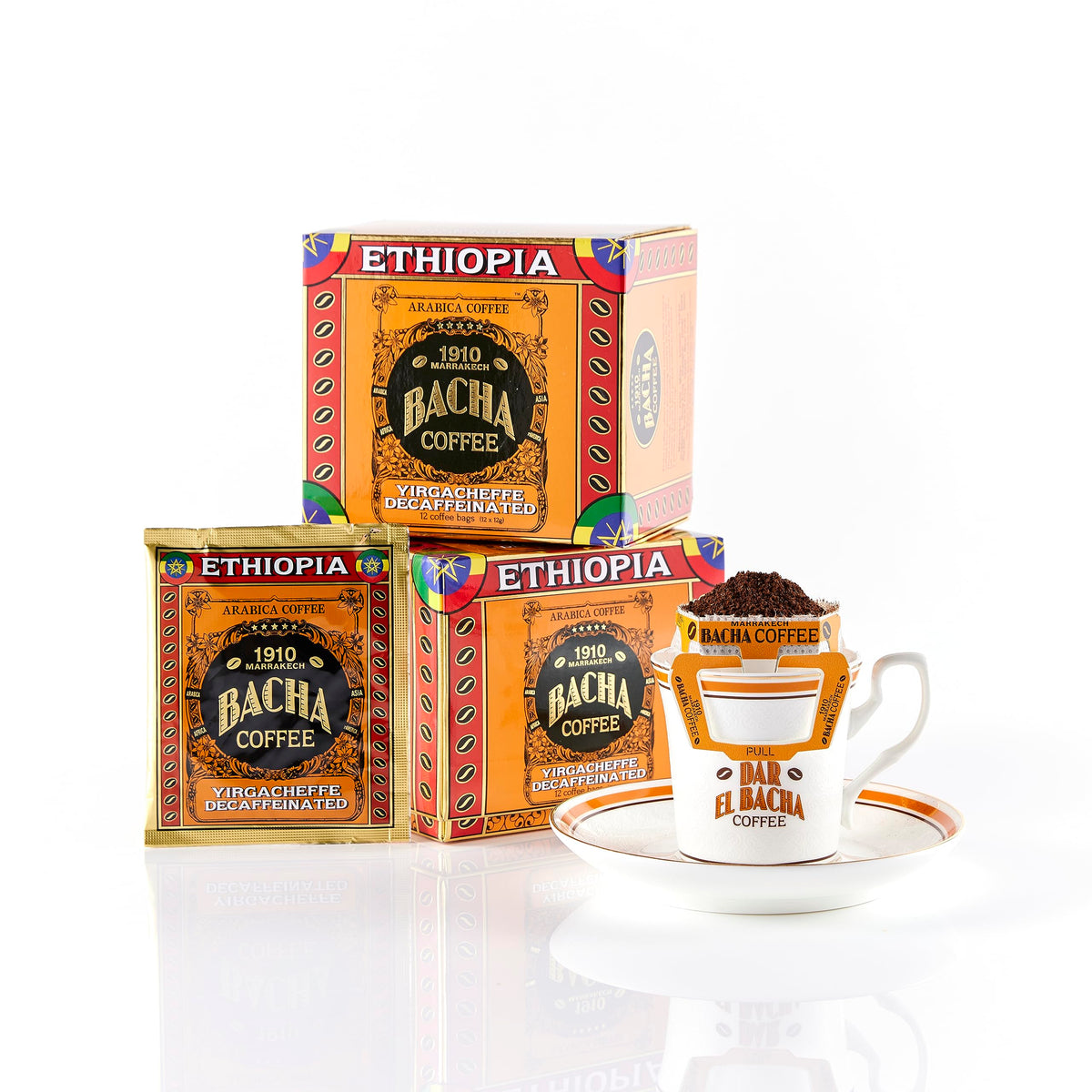 Bacha Coffee Yirgacheffe Decaf box, premium packaging for gifting and everyday enjoyment.
