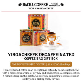 Bacha Coffee Yirgacheffe Decaf sachets ready for quick, café-quality brews at home or on the go.