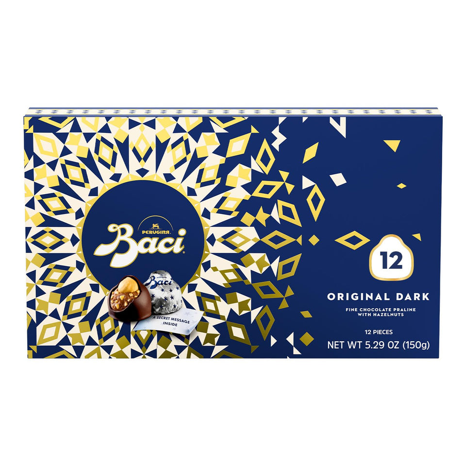 Perugina dark chocolate box closeup, hazelnut center, great gift for chocolate lovers