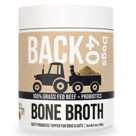 Back 40 Dogs grass-fed beef bone broth powder in a tub boosts meals with flavor