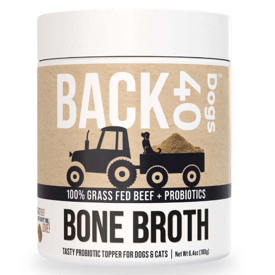Back 40 Dogs grass-fed beef bone broth powder in a tub boosts meals with flavor