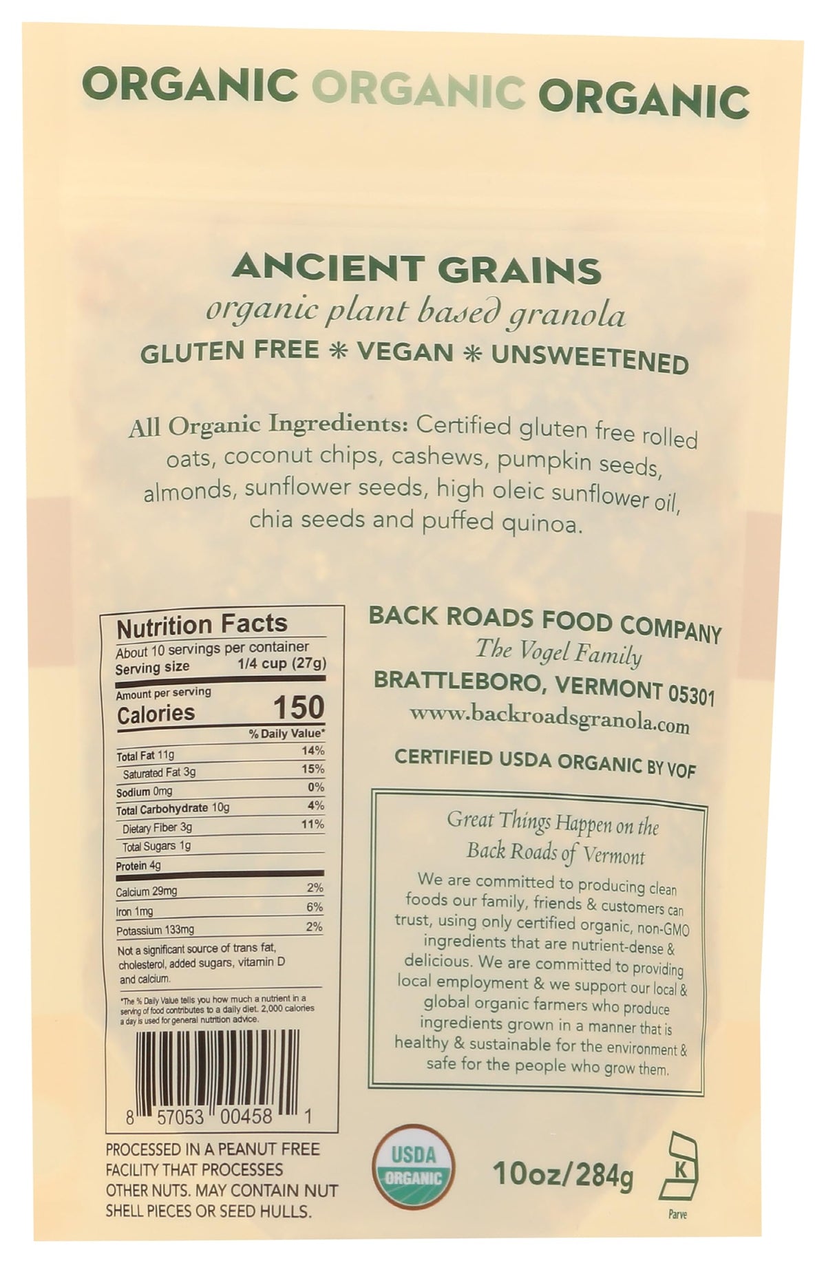 BACK ROADS Organic Ancient Grains Granola — bowl serving, ideal for a hearty breakfast.