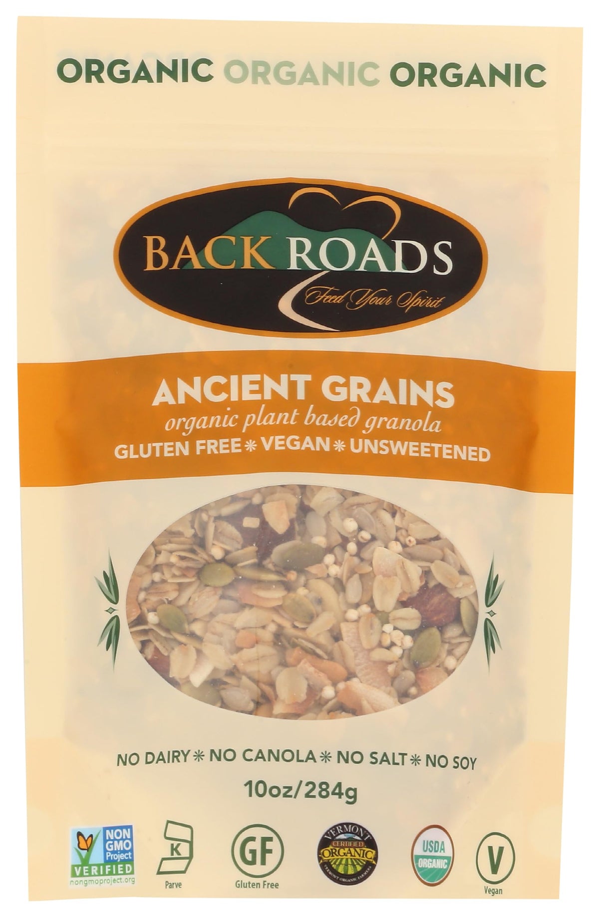 BACK ROADS Organic Ancient Grains Granola — close-up of crunchy clusters for quick breakfast.