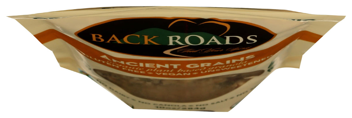 BACK ROADS granola ingredients reveal organic ancient grains.