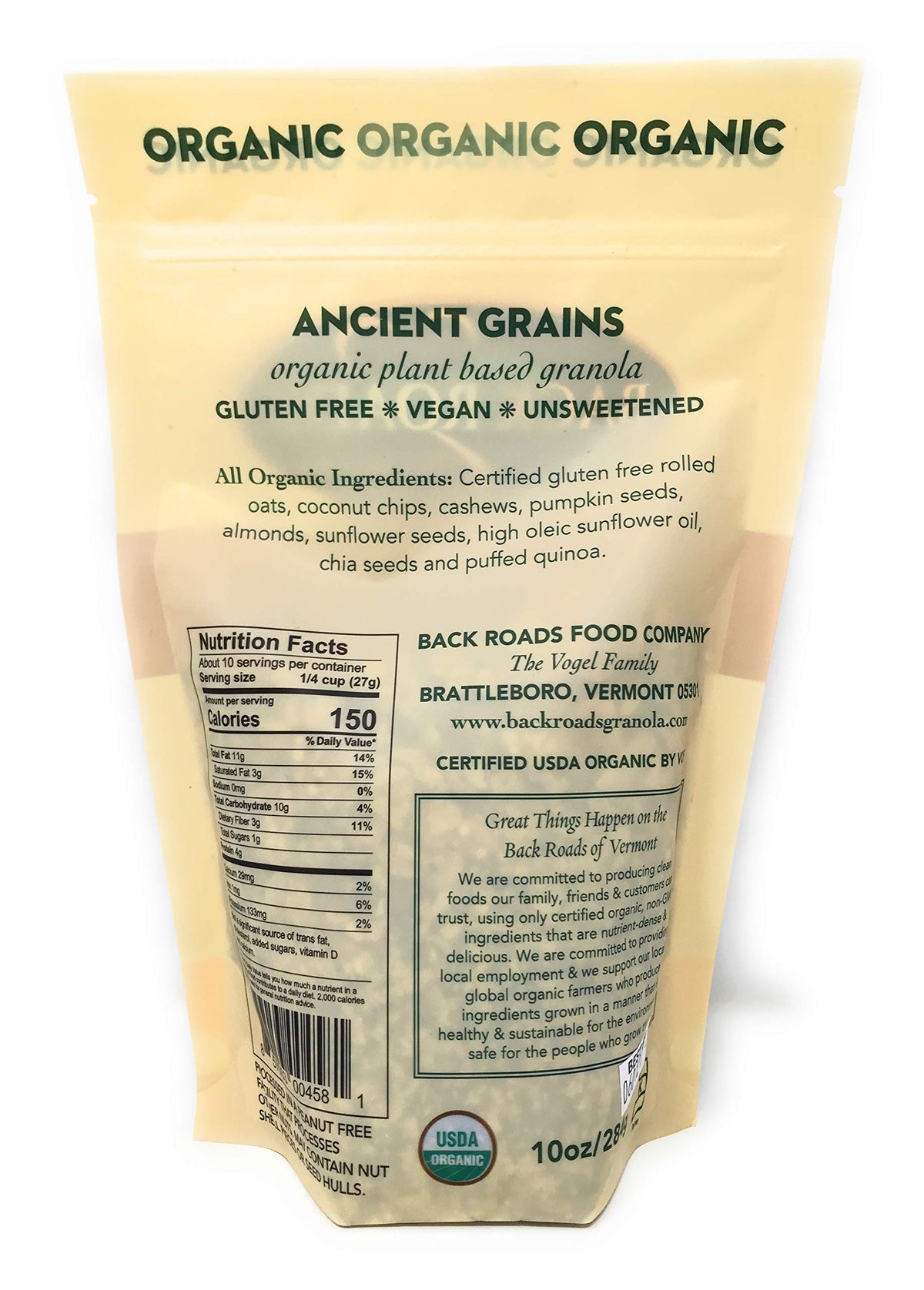BACK ROADS Organic Granola — resealable pouch keeps freshness.