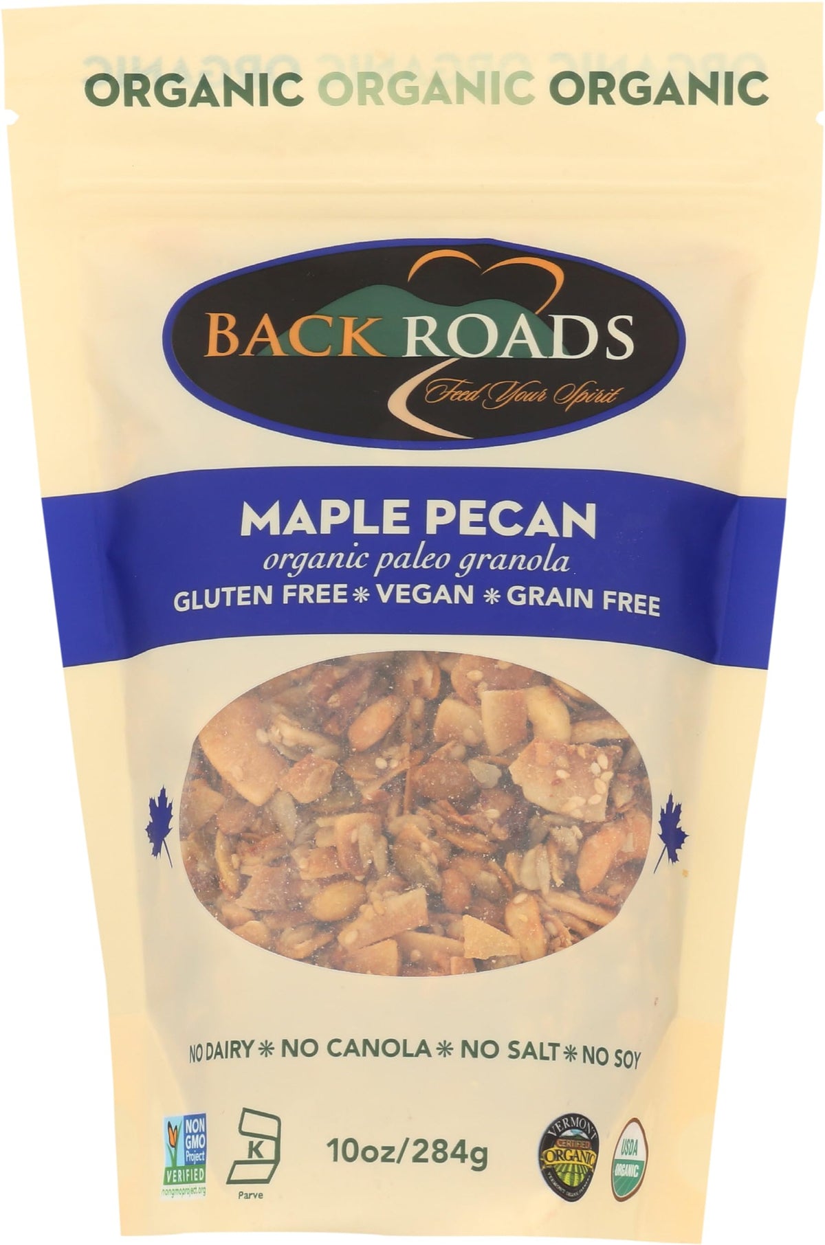 Back Roads Maple Pecan Granola bag front, ready to snack with wholesome organic flavor.
