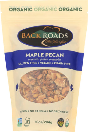 Back Roads Maple Pecan Granola bag front, ready to snack with wholesome organic flavor.