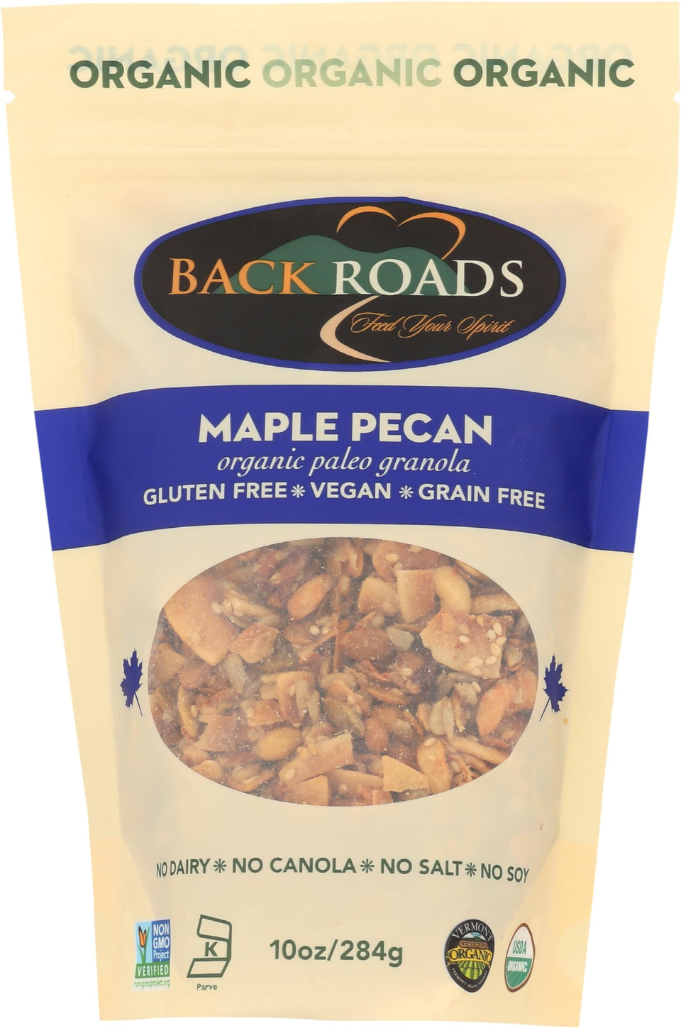 Back Roads Maple Pecan Granola bag front, ready to snack with wholesome organic flavor.