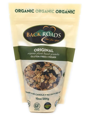 BACK ROADS Organic Original Granola packaging displayed as a convenient pantry staple.