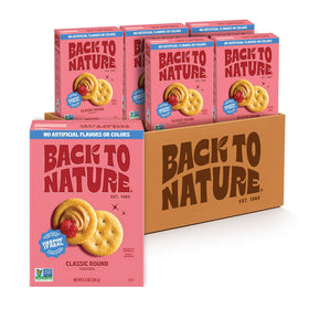 Back to Nature Classic Round Crackers on a cheese board, crispy and dairy-free.