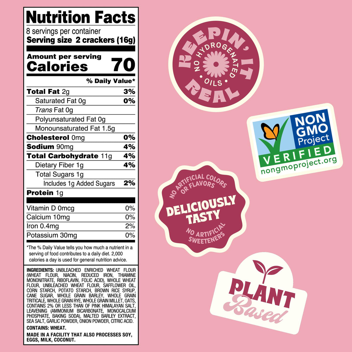 Closeup of pink Himalayan salt seasoning on Back To Nature crackers for savory flavor hints.