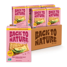 Back To Nature Flatbread Crackers packaging featuring pink Himalayan salt, ideal for on-the-go snacking.