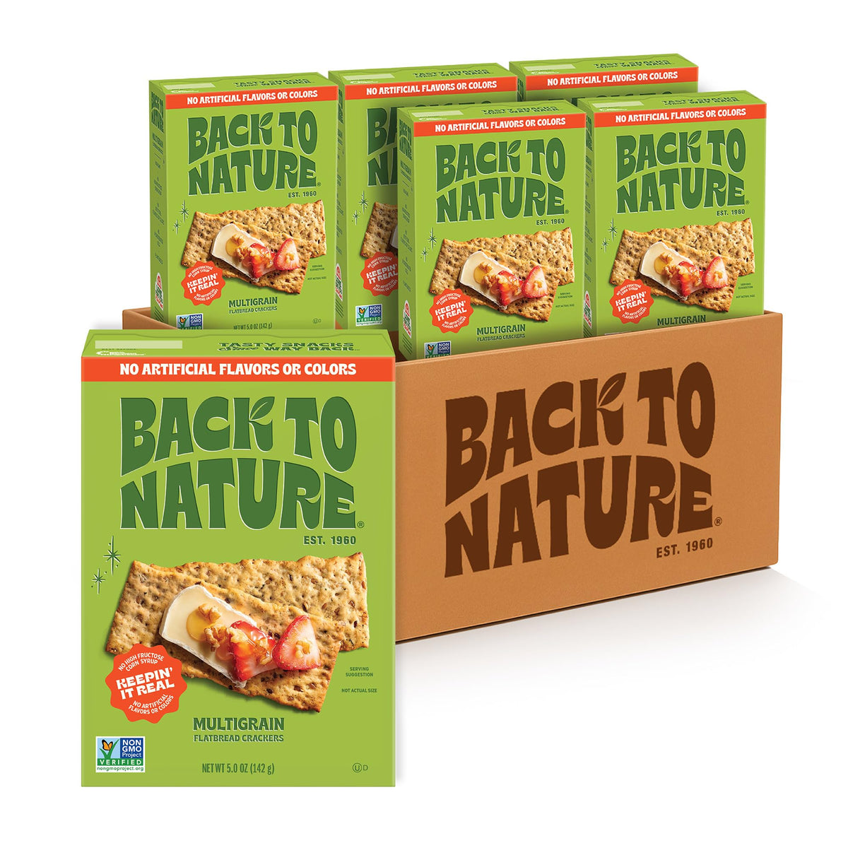 Back To Nature multigrain flax-seeded crackers on display for wholesome snacking.