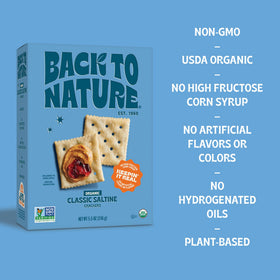 Back To Nature saltine crackers with organic label; non GMO reassurance in every bite.