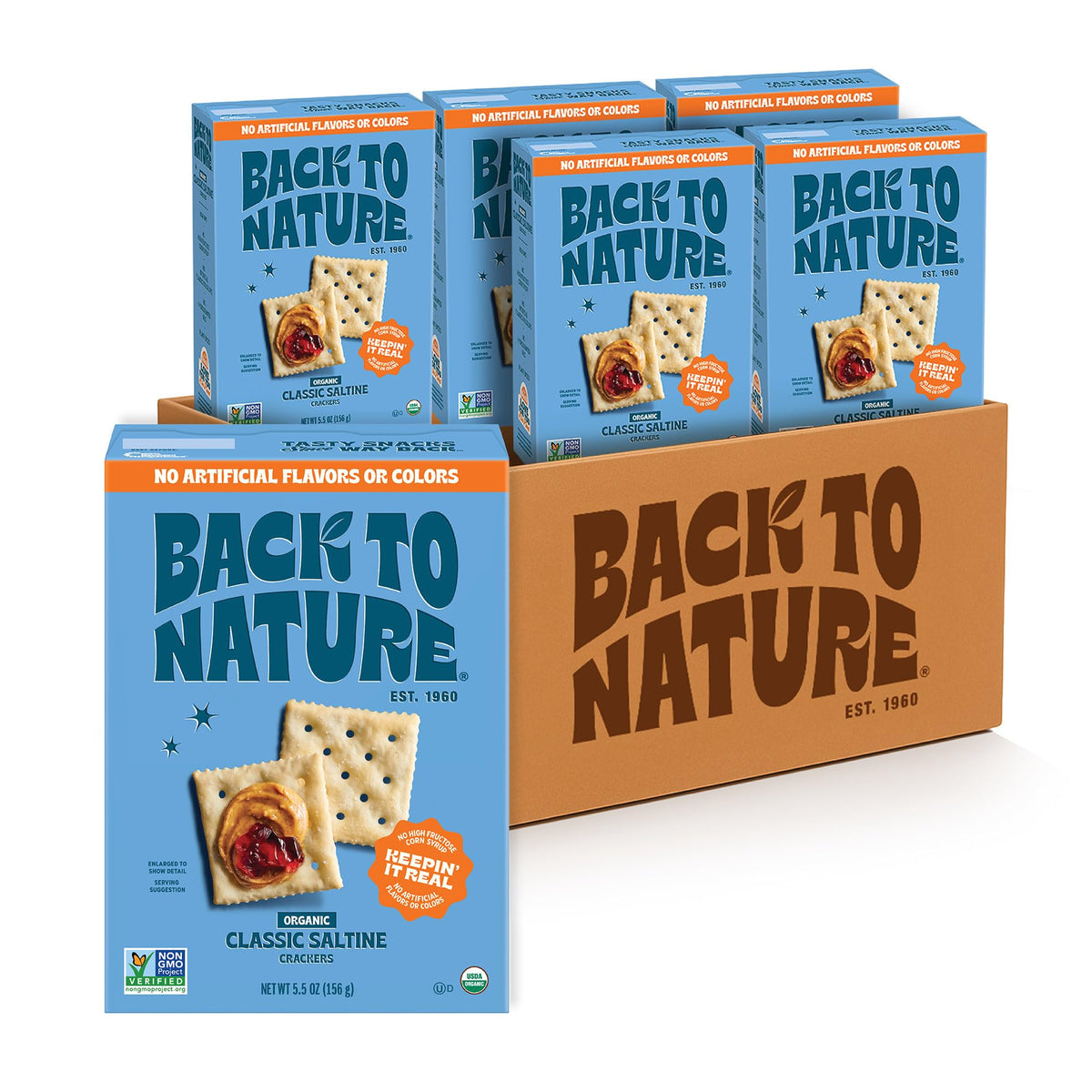 Back To Nature saltine crackers pack-6 on kitchen counter, dairy-free snacking option.