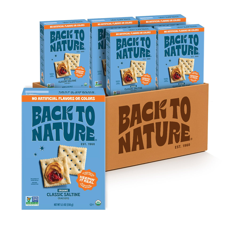 Back To Nature saltine crackers pack-6 on kitchen counter, dairy-free snacking option.