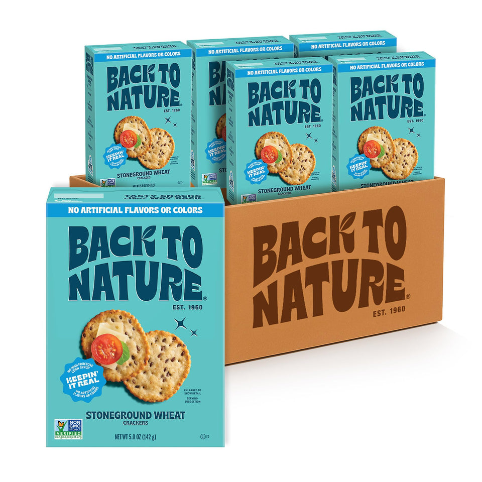 Back to Nature Stoneground Wheat Crackers 6-pack on shelf for easy snacking.
