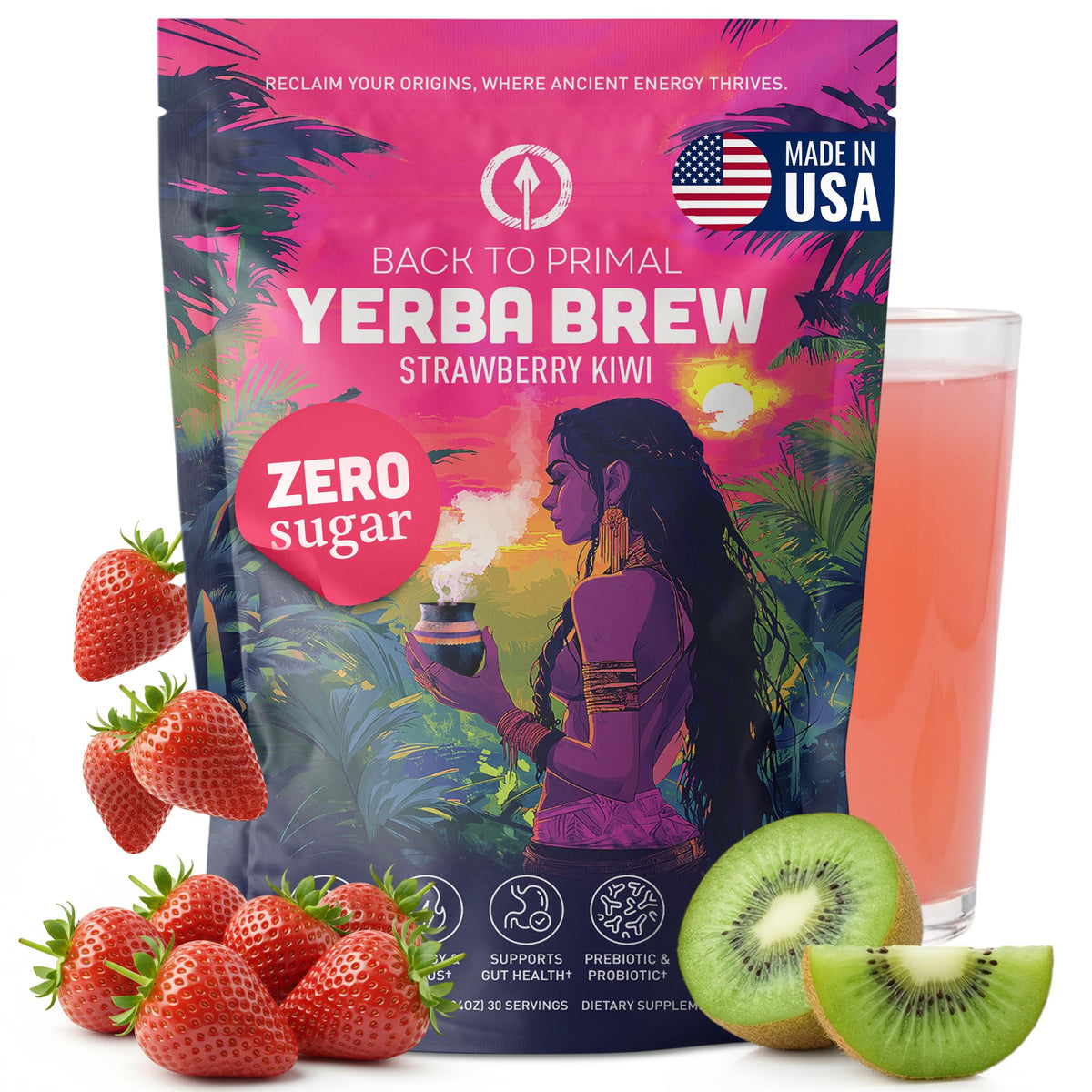 Back to Primal Yerba Brew bottle pour shows smooth energy for on-the-go mornings.