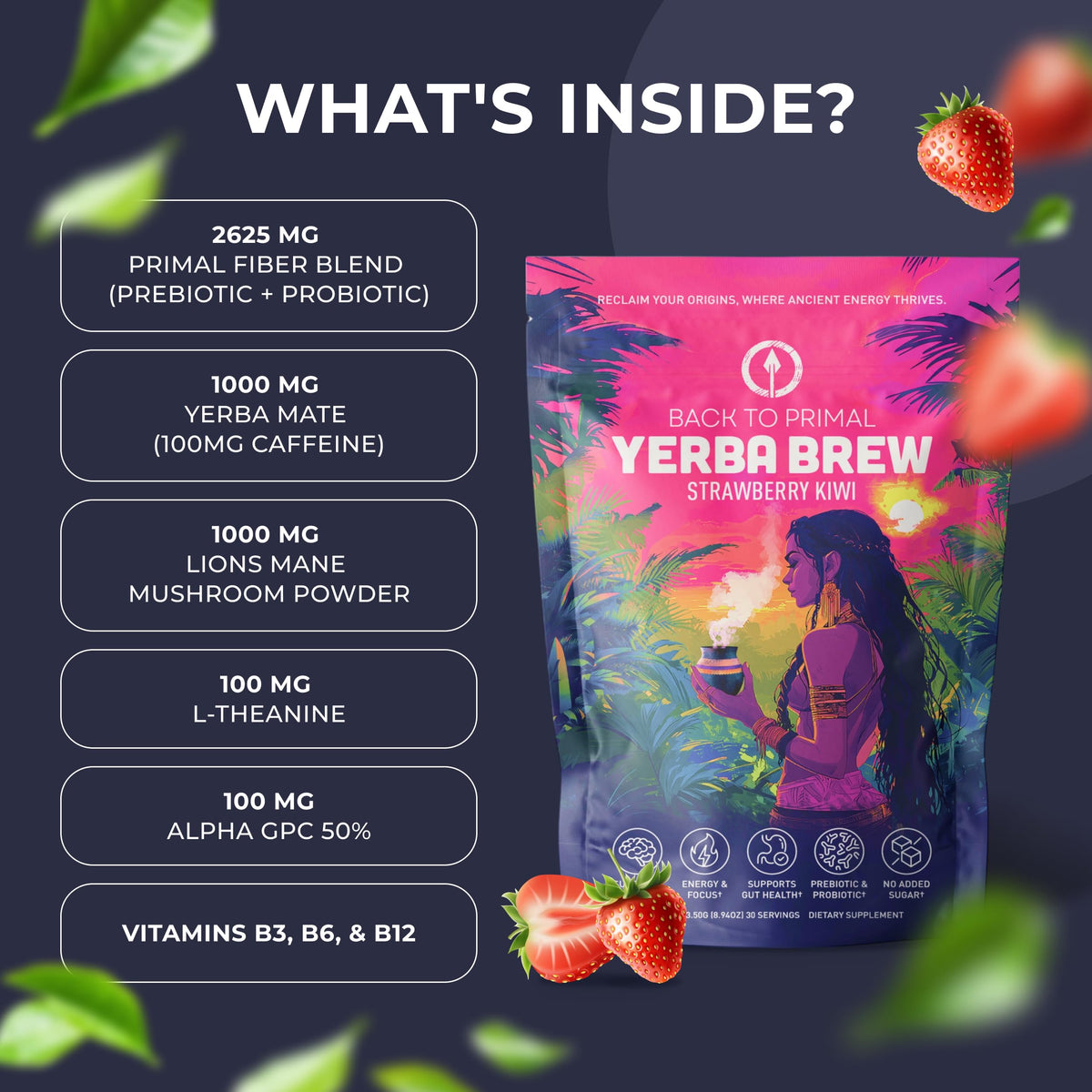 Back to Primal Yerba Brew ingredients closeup highlights natural yerba mate and fiber blend.