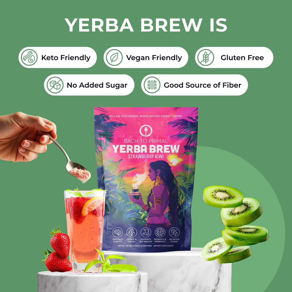 Back to Primal Yerba Brew scoop closeup demonstrates quick mix without sugar.