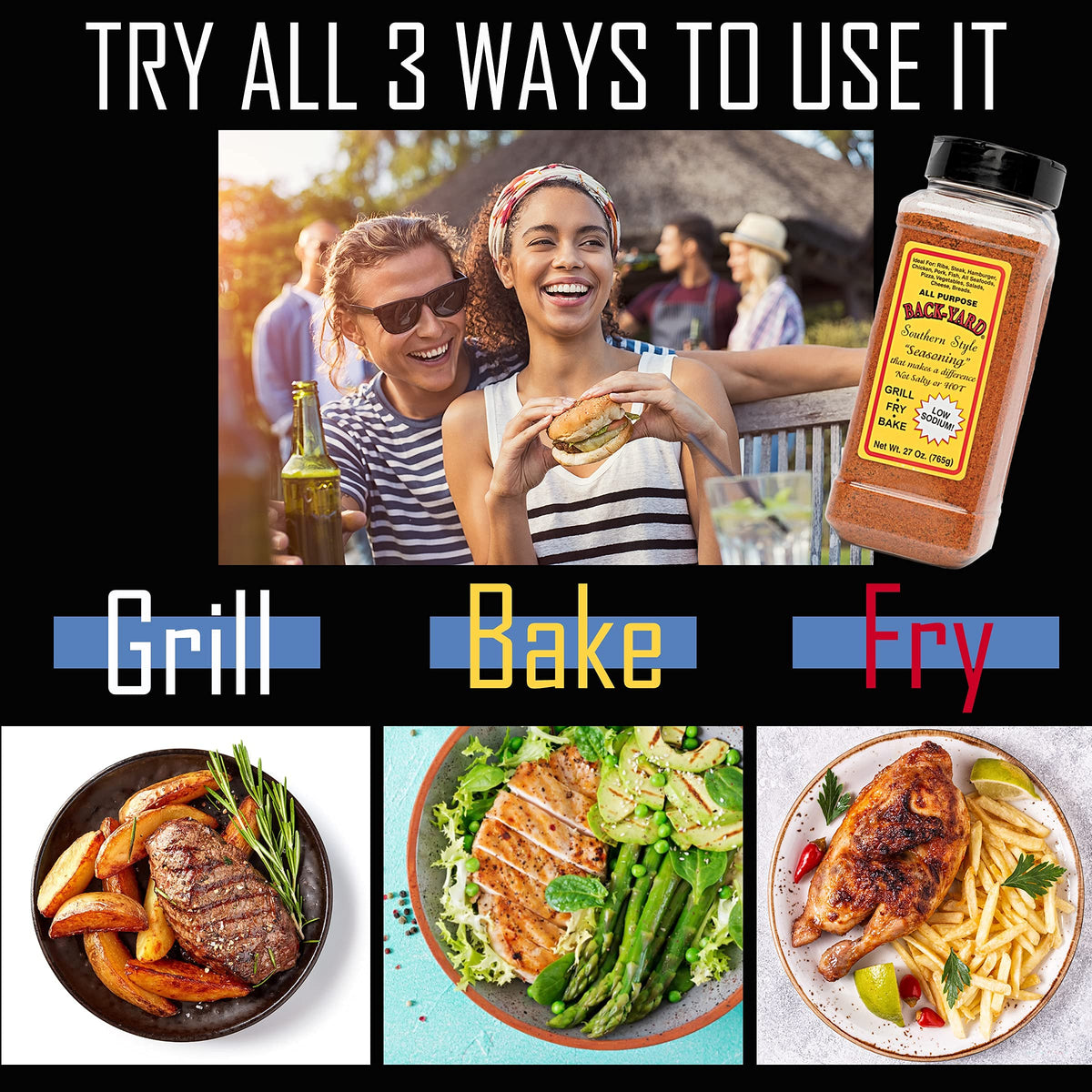 Sprinkling Back-yard Southern Style seasoning on vegetables for a quick flavor boost.