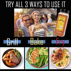 Sprinkling Back-yard Southern Style seasoning on vegetables for a quick flavor boost.