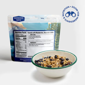 Backpacker's Pantry granola closeup shows blueberries and almonds for a tasty start.