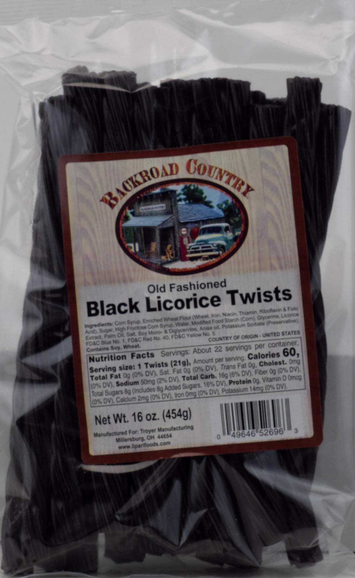 Backroad Country black licorice twists close-up, showcasing chewy texture and bold flavor.
