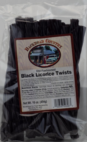 Backroad Country black licorice twists close-up, showcasing chewy texture and bold flavor.