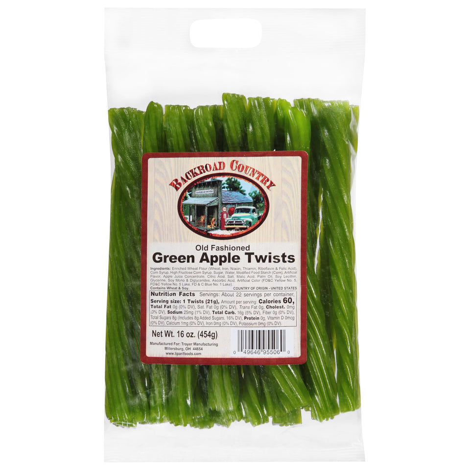 Backroad Country Green Apple Twists pack, ideal for quick fruity licorice snacking.