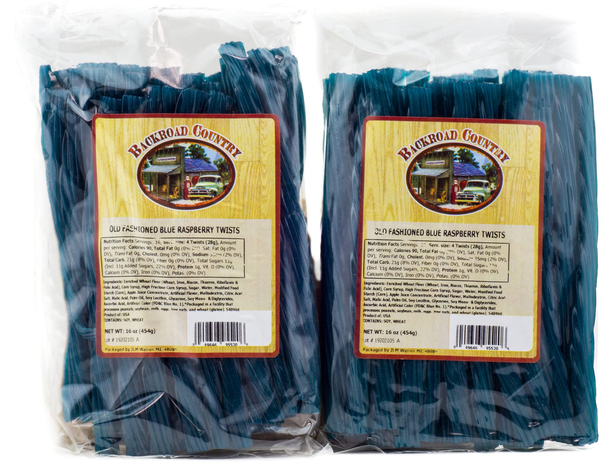 Backroad Country blue raspberry licorice twists closeup, chewy, flavorful snack.
