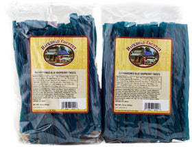 Backroad Country blue raspberry licorice twists closeup, chewy, flavorful snack.