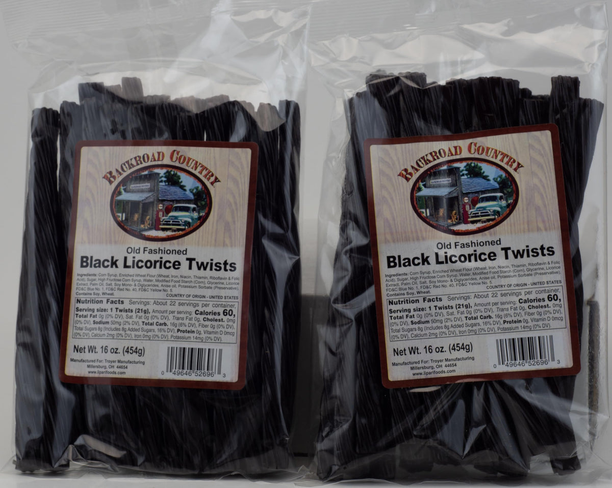 Backroad Country old-fashioned licorice twists in a pack, ideal for sharing and gifting.