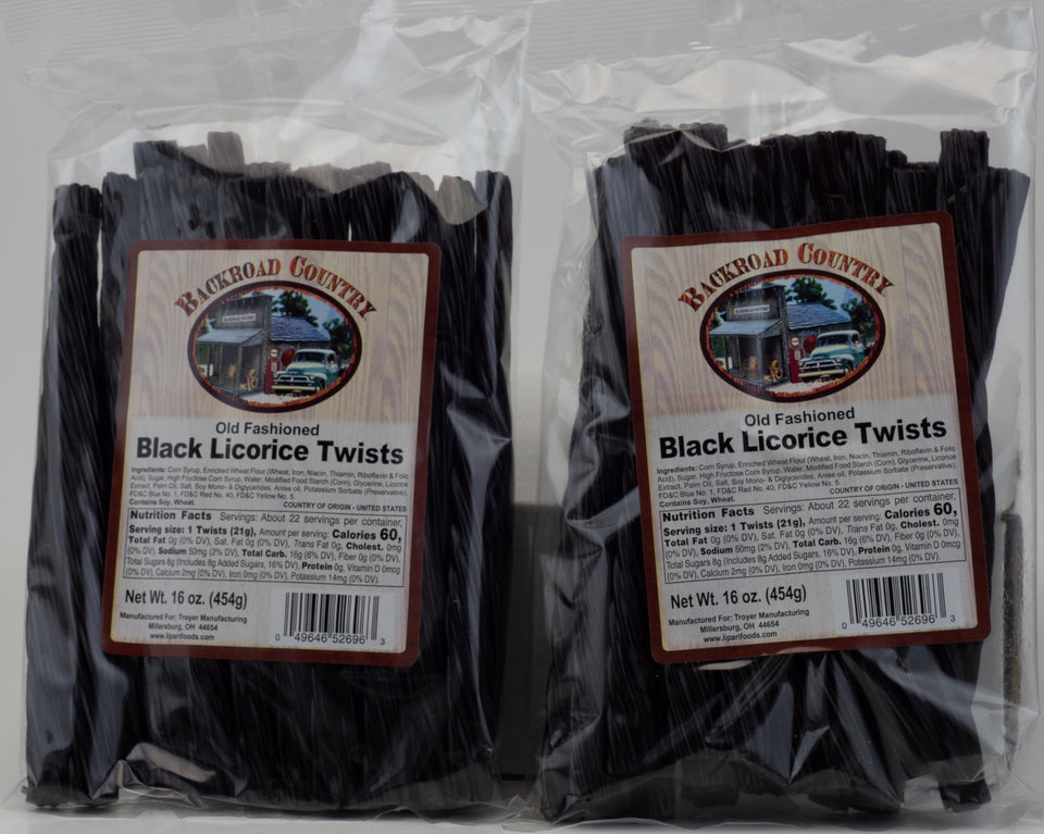 Backroad Country old-fashioned licorice twists in a pack, ideal for sharing and gifting.