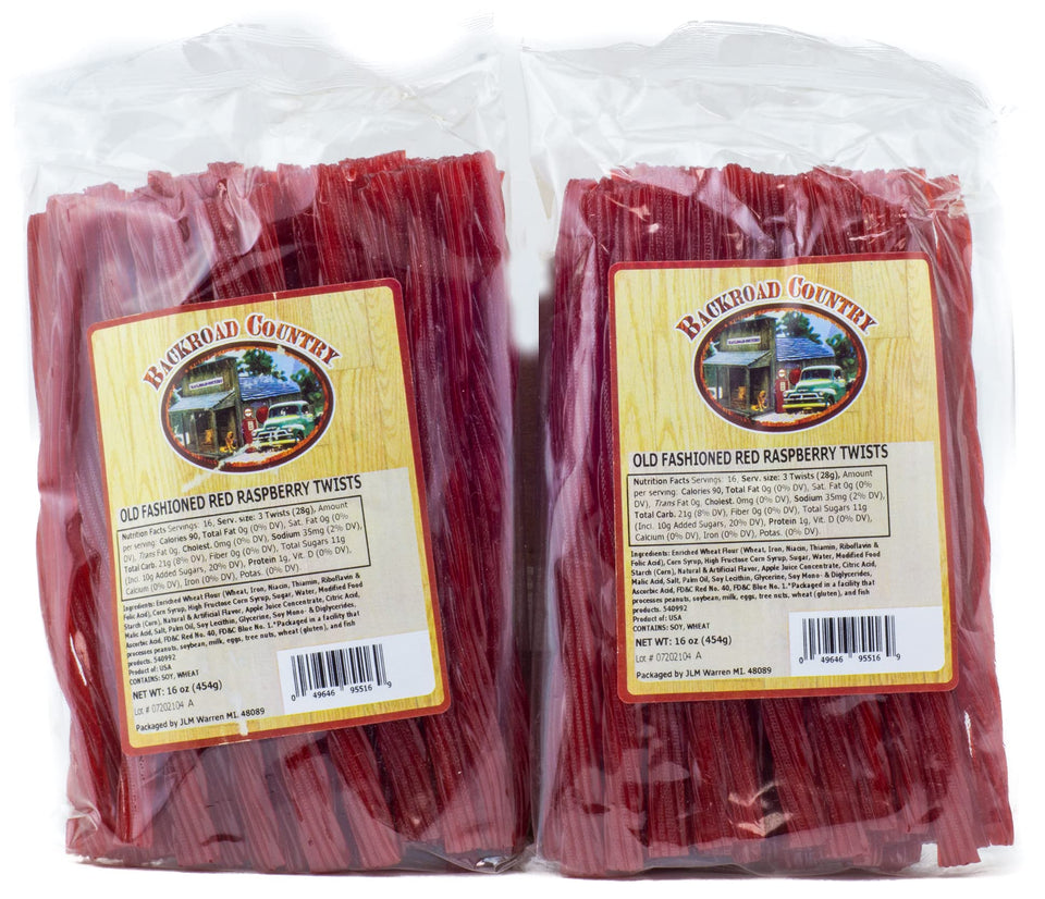 Backroad Country Old Fashioned Raspberry Twists licorice candy—bold fruit flavor for snacking and gifting.