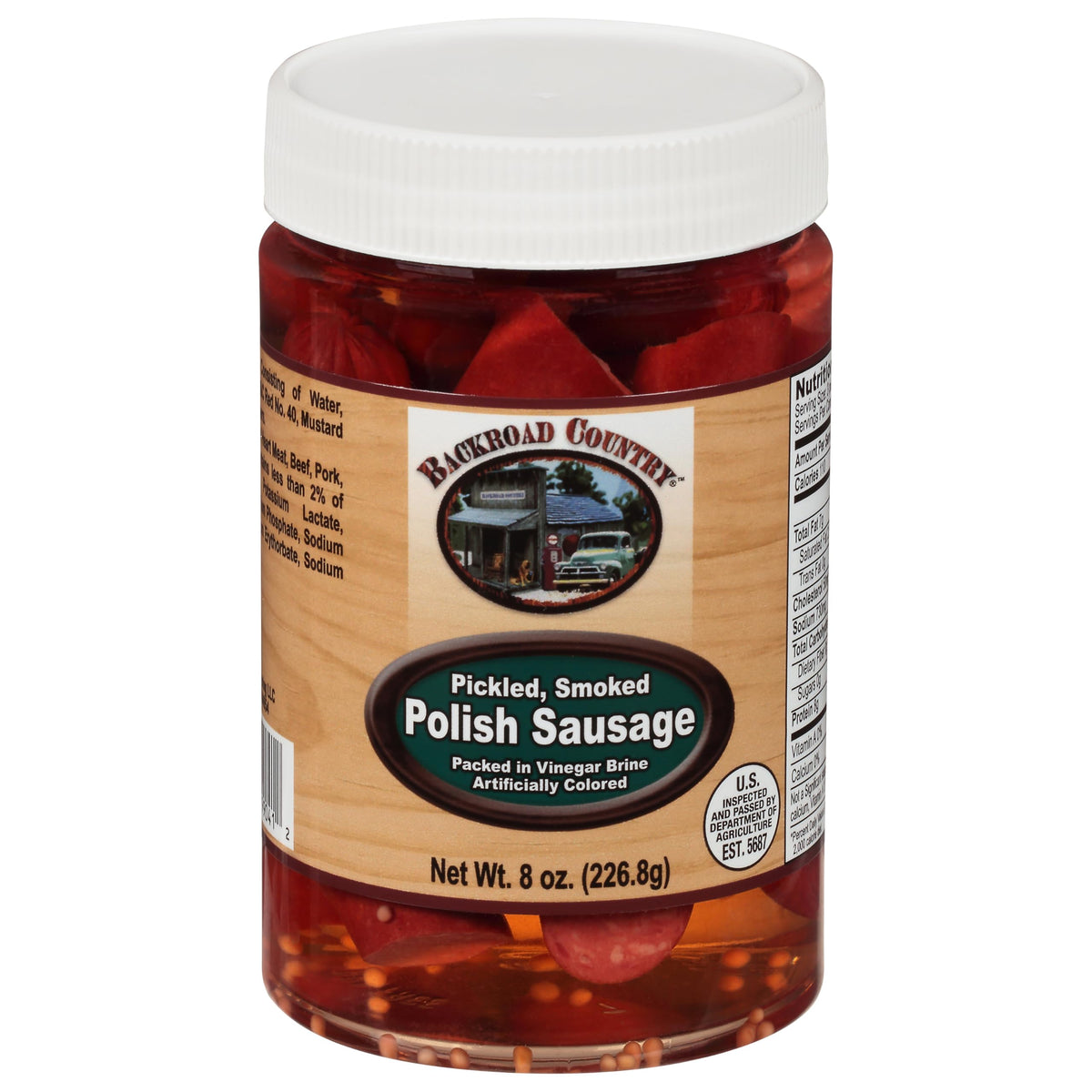 Backroad Country pickled smoked Polish sausage in jar, ready for quick snacking.