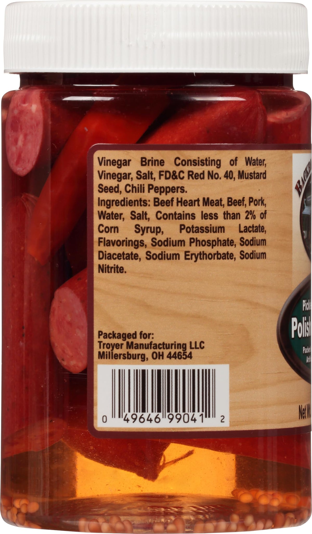 Backroad Country pickled smoked Polish sausage jar open, inviting shareable flavor.