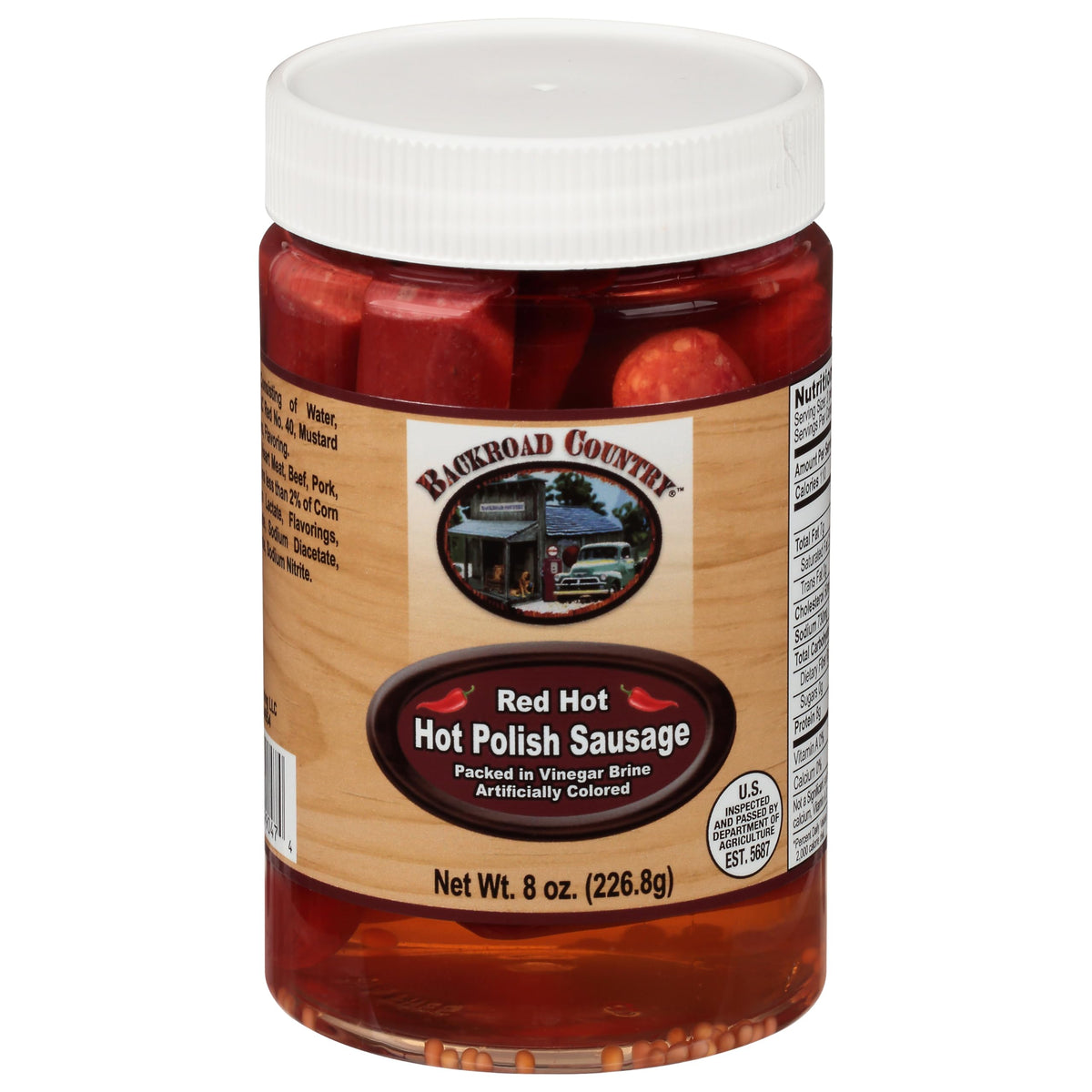 Backroad Country Red Hot Pickled Polish Sausage packaging highlights ready-to-eat convenience