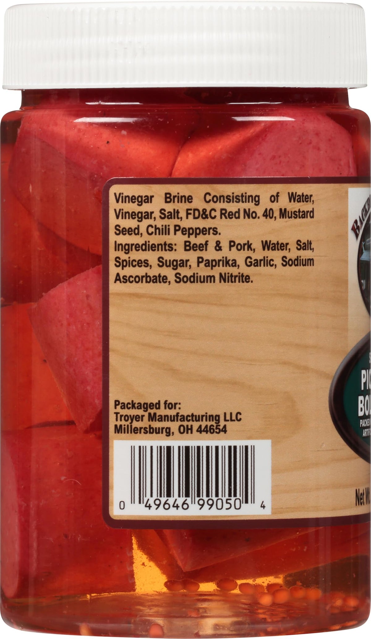 Close-up of Backroad Country Bologna brine texture—tangy bite.