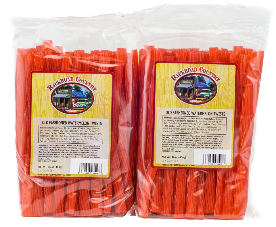 Backroad Country Watermelon Twists licorice candy close-up highlighting chewy texture and premium ingredients.